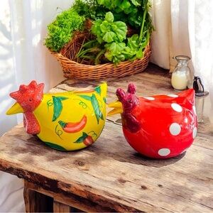 Rooster & Hen Chili Peppers & polka dot Hand Painted ceramic figurine VTG, farm